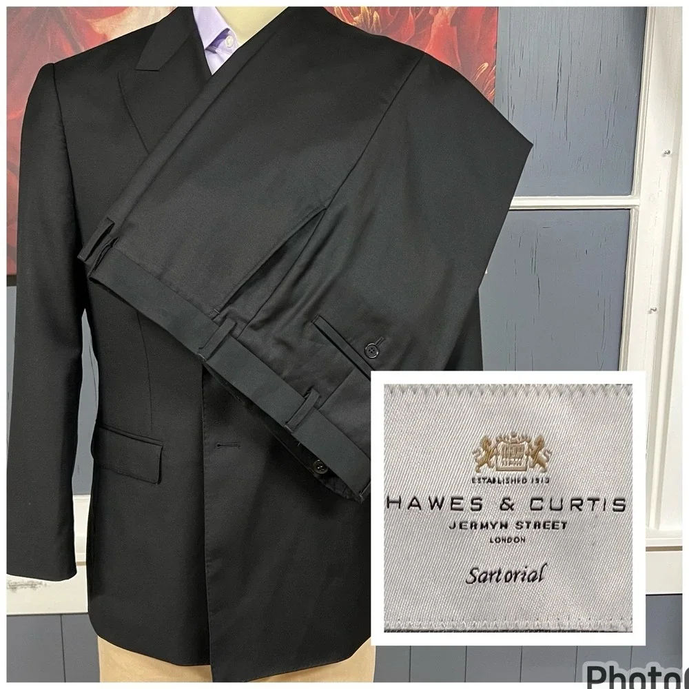 Hawes & Curtis Suit Mens 44S Short Slim‎ Fit Wool Cuffed Pants 38x26 Black